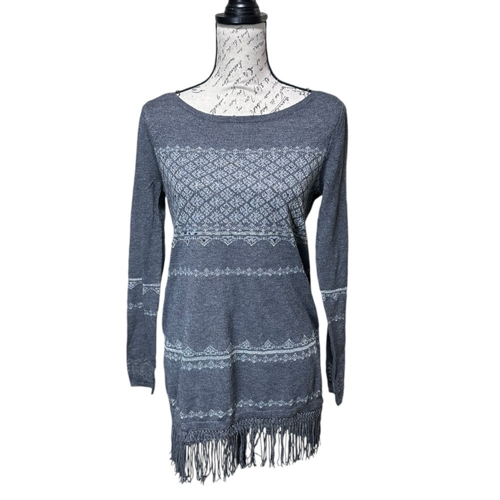 WHBM Gray Sparkly Lightweight Tunic Style Sweater with Fringe Size Small